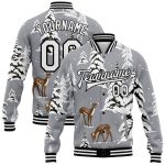 Custom Name and Number Deer 3D Pattern Winter Landscape Bomber Varsity Jacket - Gray Black-White Full-Snap Design Personalized
