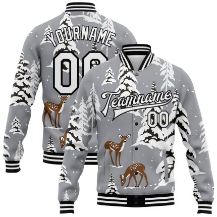 Custom Name and Number Deer 3D Pattern Winter Landscape Bomber Varsity Jacket - Gray Black-White Full-Snap Design Personalized