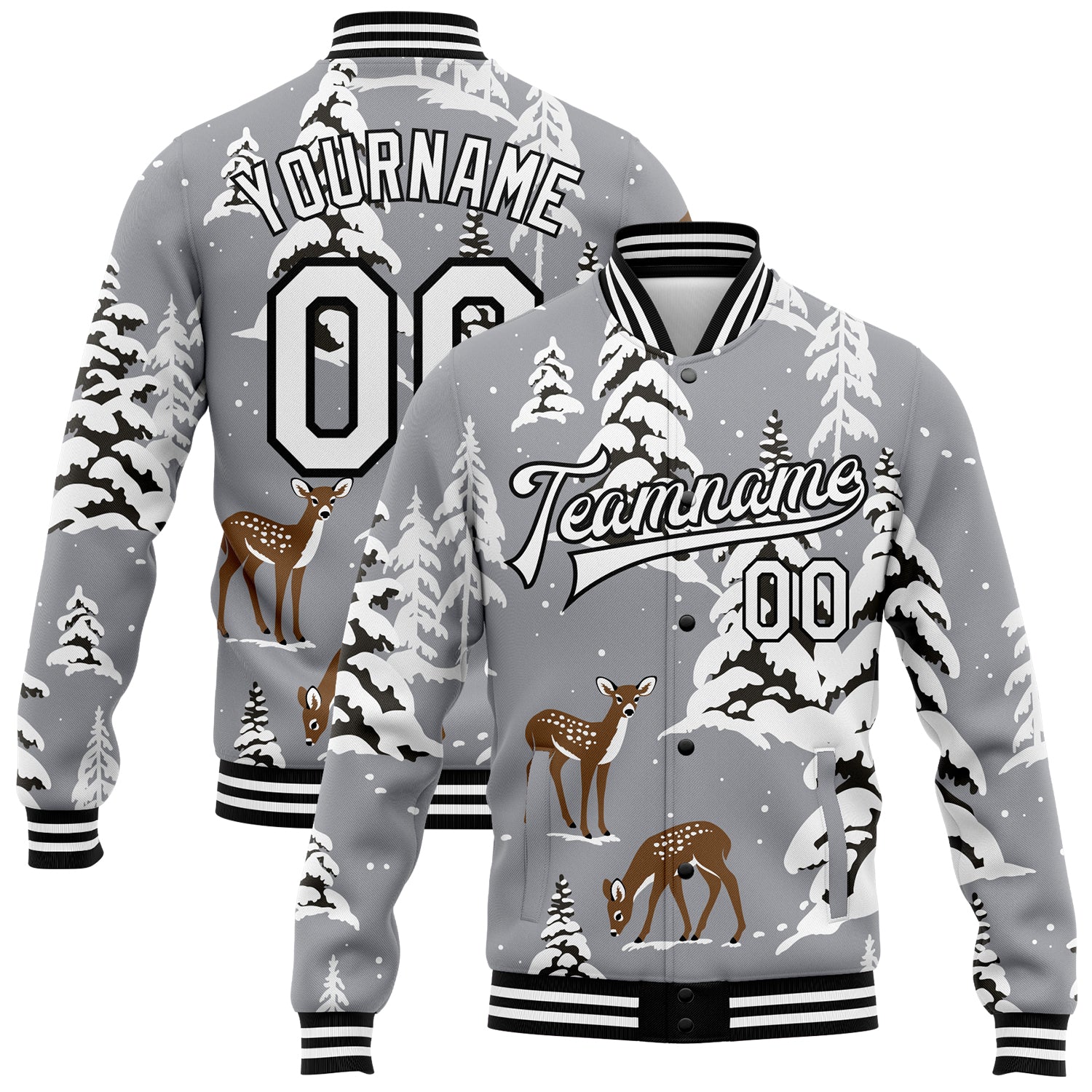 Custom Name and Number Deer 3D Pattern Winter Landscape Bomber Varsity Jacket - Gray Black-White Full-Snap Design Personalized