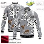 Custom Name and Number Deer 3D Pattern Winter Landscape Bomber Varsity Jacket - Gray Black-White Full-Snap Design Personalized