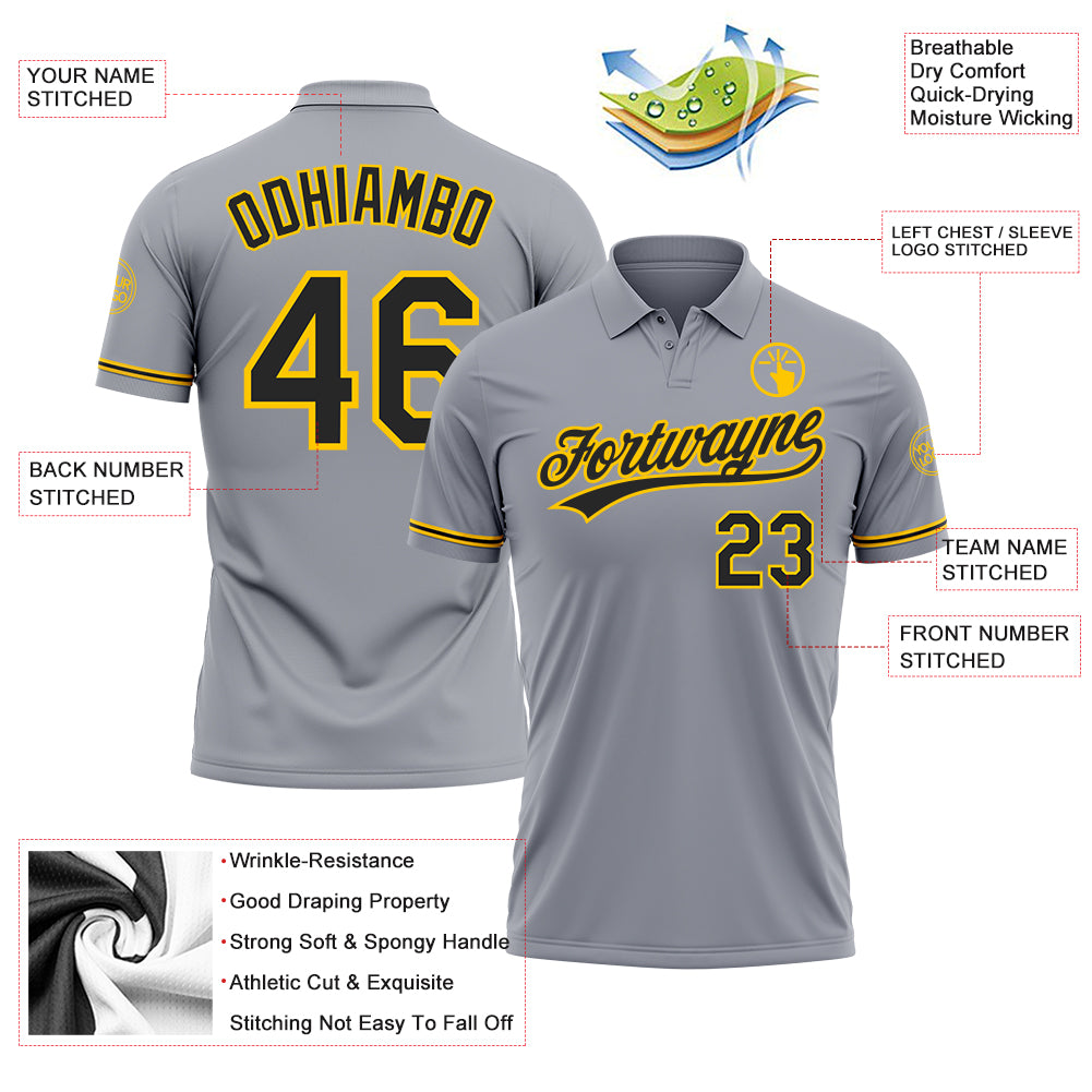 Personalized Gray Black-Yellow Performance Vapor Golf Polo Shirt Team Custom Name and Number Custom Gray Black Yellow Golf Polo Shirt - Personalized Performance Vapor with Team Name and Number Personalized Gray Black-Yellow - Image 3