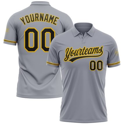 Custom Gray Black Yellow Golf Polo Shirt - Personalized Performance Vapor with Team Name and Number Personalized Gray Black-Yellow