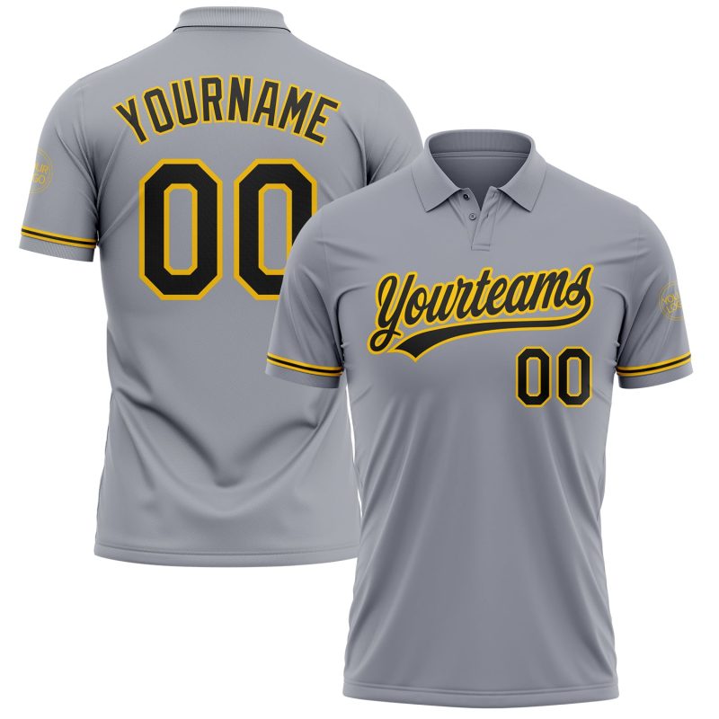 Custom Gray Black Yellow Golf Polo Shirt - Personalized Performance Vapor with Team Name and Number Personalized Gray Black-Yellow