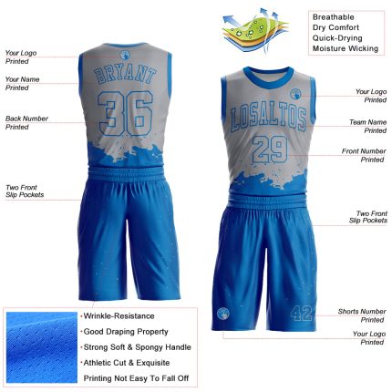 Custom Basketball Jersey with Personalized Name and Number, Gray Blue Color Splash Round Neck Sublimation Suit Personalized
