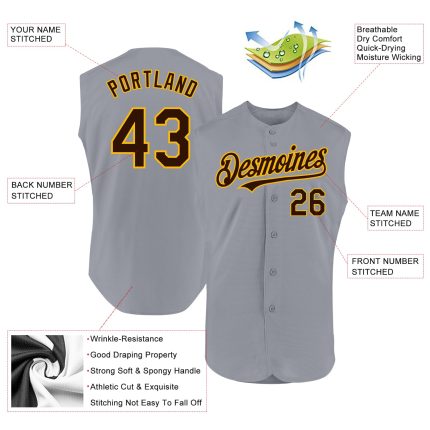 Custom Name and Number Sleeveless Baseball Jersey - Personalized Gray Brown-Gold Authentic Team Apparel Personalized Gray