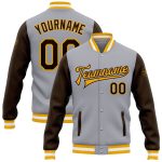 Custom Team Name Number Bomber Jacket Gray Brown Gold Two Tone Full-Snap Varsity Letterman Personalized Gray Brown-Gold Bomber