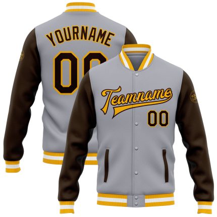 Custom Team Name Number Bomber Jacket Gray Brown Gold Two Tone Full-Snap Varsity Letterman Personalized Gray Brown-Gold Bomber