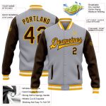 Custom Team Name Number Bomber Jacket Gray Brown Gold Two Tone Full-Snap Varsity Letterman Personalized Gray Brown-Gold Bomber
