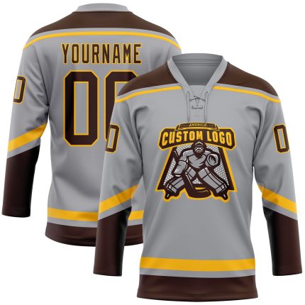 Custom Name and Number Personalized Hockey Jersey in Gray Brown Gold Lace Neck Personalized Gray Brown-Gold Hockey Lace Neck