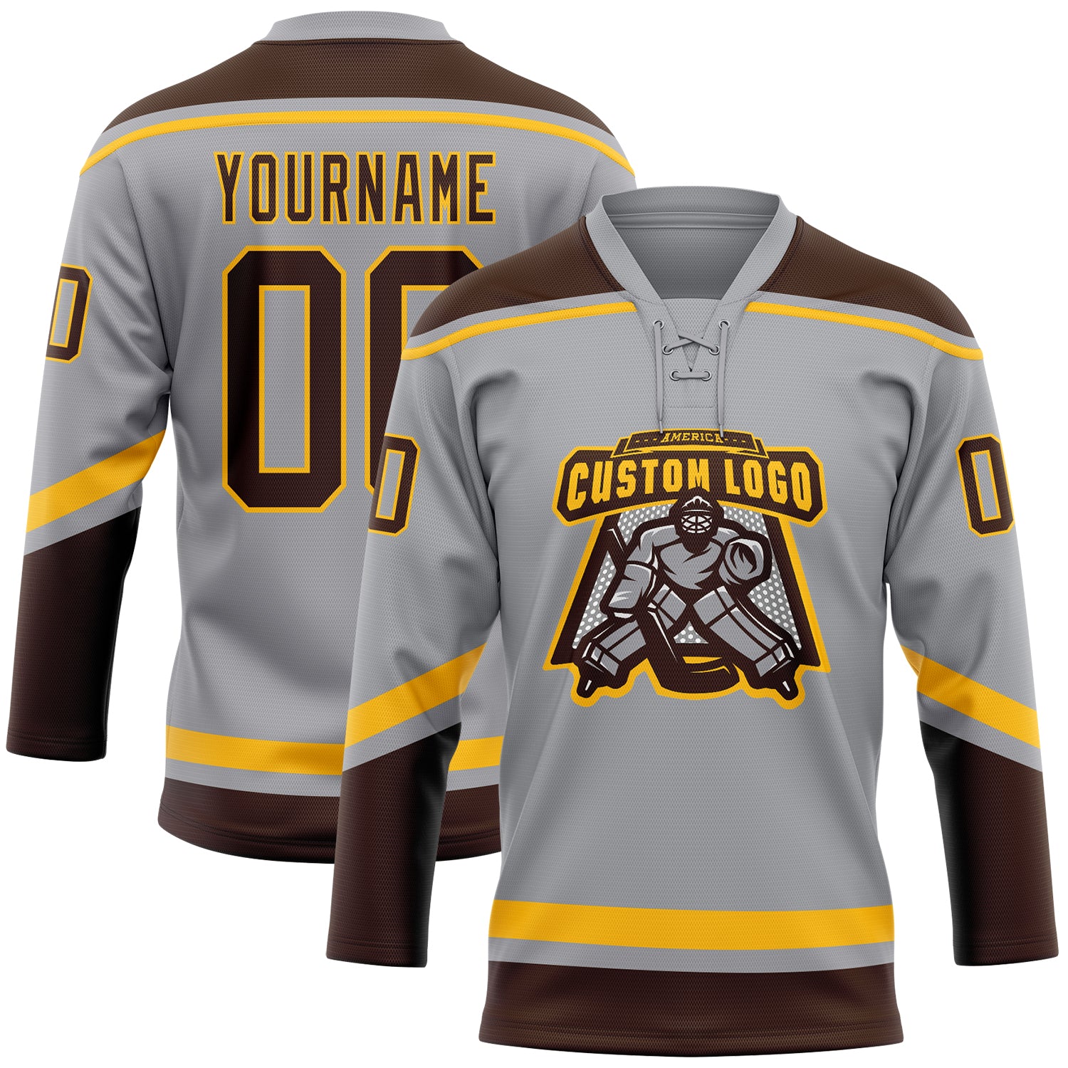 Personalized Gray Brown-Gold Hockey Lace Neck Jersey Team Custom Name and Number Custom Name and Number Personalized Hockey Jersey in Gray Brown Gold Lace Neck Personalized Gray Brown-Gold Hockey Lace Neck - Image 2