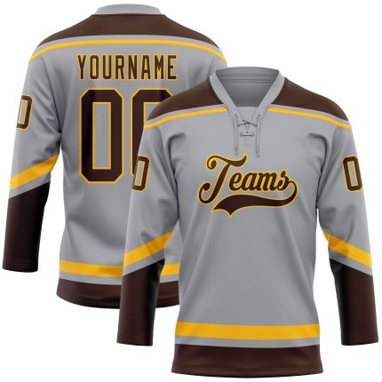 Custom Name and Number Personalized Hockey Jersey in Gray Brown Gold Lace Neck Personalized Gray Brown-Gold Hockey Lace Neck
