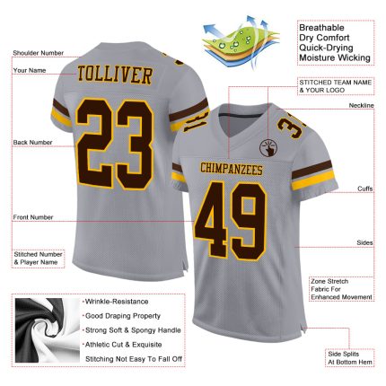 Custom Team Football Jersey with Personalized Name and Number - Gray Brown Gold Mesh Authentic Personalized Gray Brown-Gold