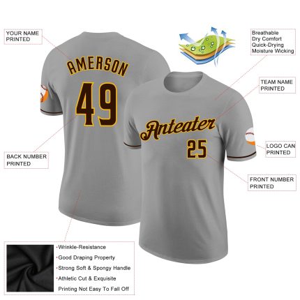 Custom Team Performance T-Shirt with Personalized Name and Number - Gray Brown-Gold Color Personalized Gray Brown-Gold Performance