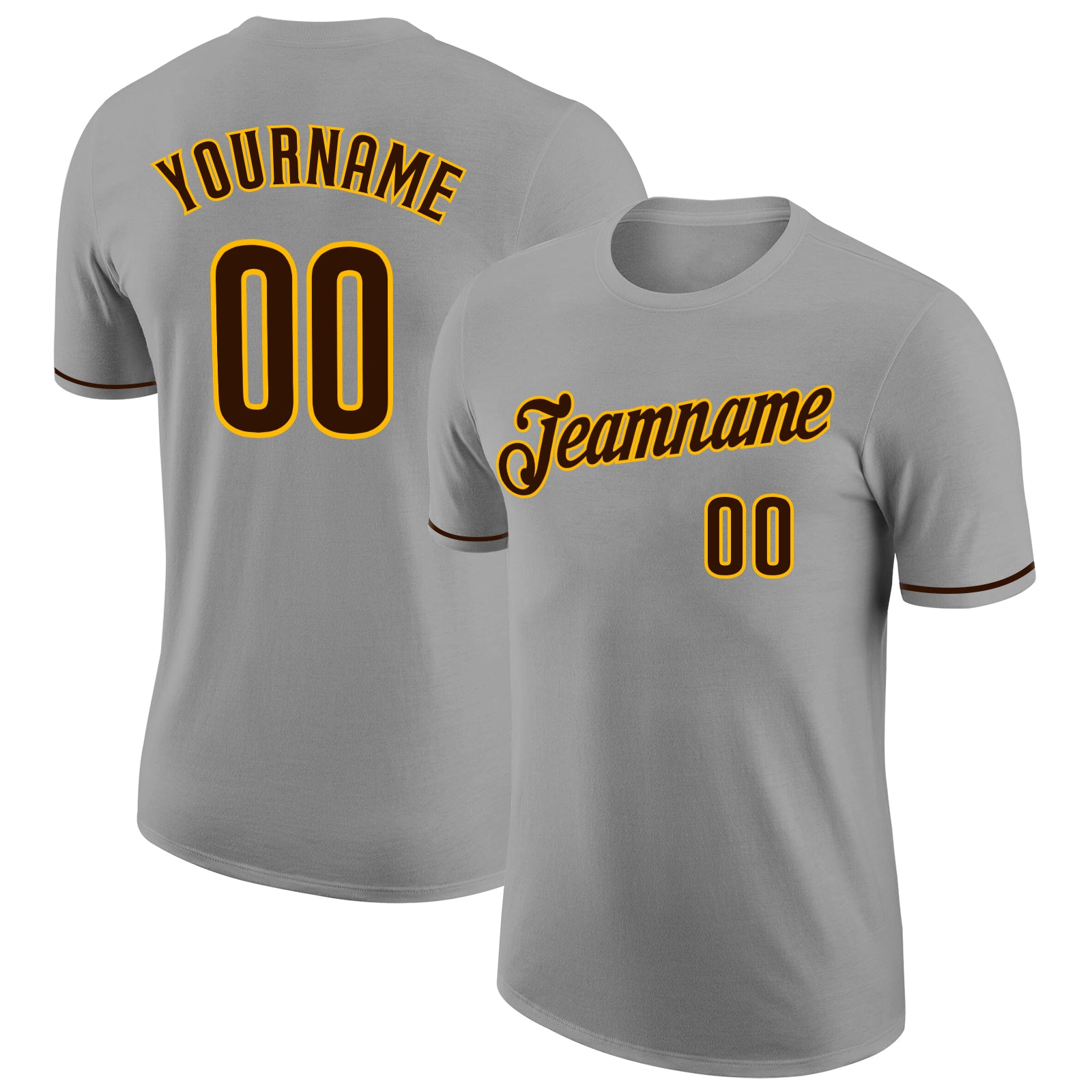 Custom Team Performance T-Shirt with Personalized Name and Number - Gray Brown-Gold Color Personalized Gray Brown-Gold Performance