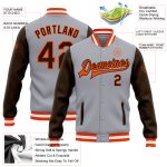 Custom Team Name Number Bomber Jacket Gray Brown Orange Full-Snap Varsity Letterman Two Tone Personalized Gray Brown-Orange