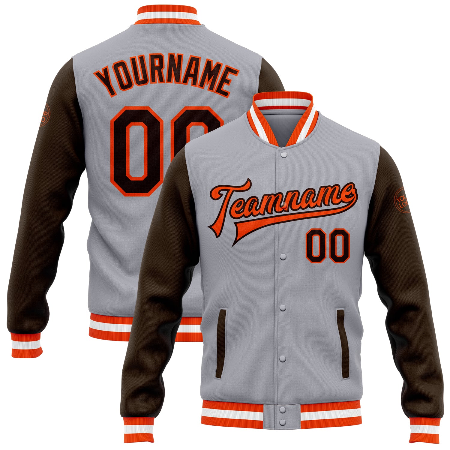 Custom Team Name Number Bomber Jacket Gray Brown Orange Full-Snap Varsity Letterman Two Tone Personalized Gray Brown-Orange