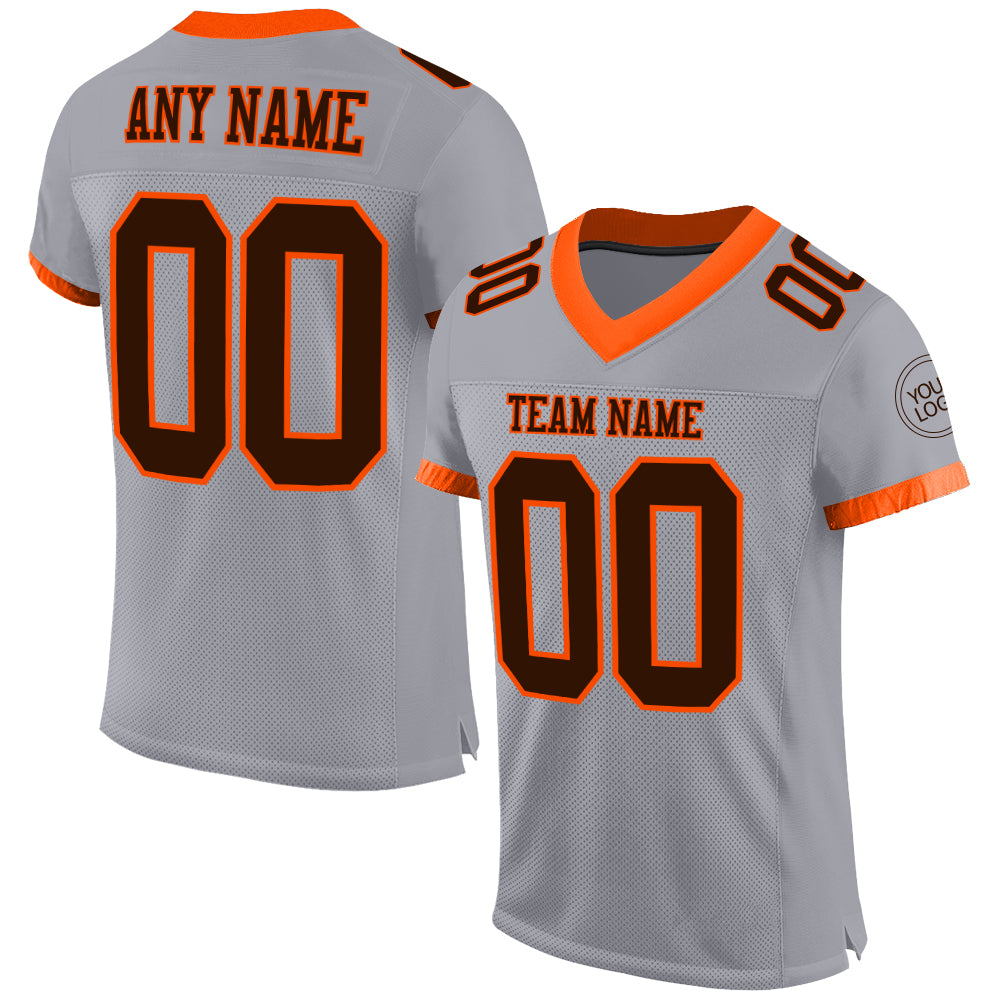 Custom Name and Number Personalized Gray Brown-Orange Mesh Football Jersey - Authentic Team Gear Personalized Gray Brown-Orange