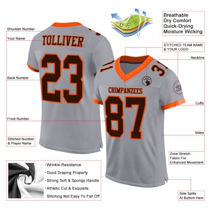 Custom Name and Number Personalized Gray Brown-Orange Mesh Football Jersey - Authentic Team Gear Personalized Gray Brown-Orange