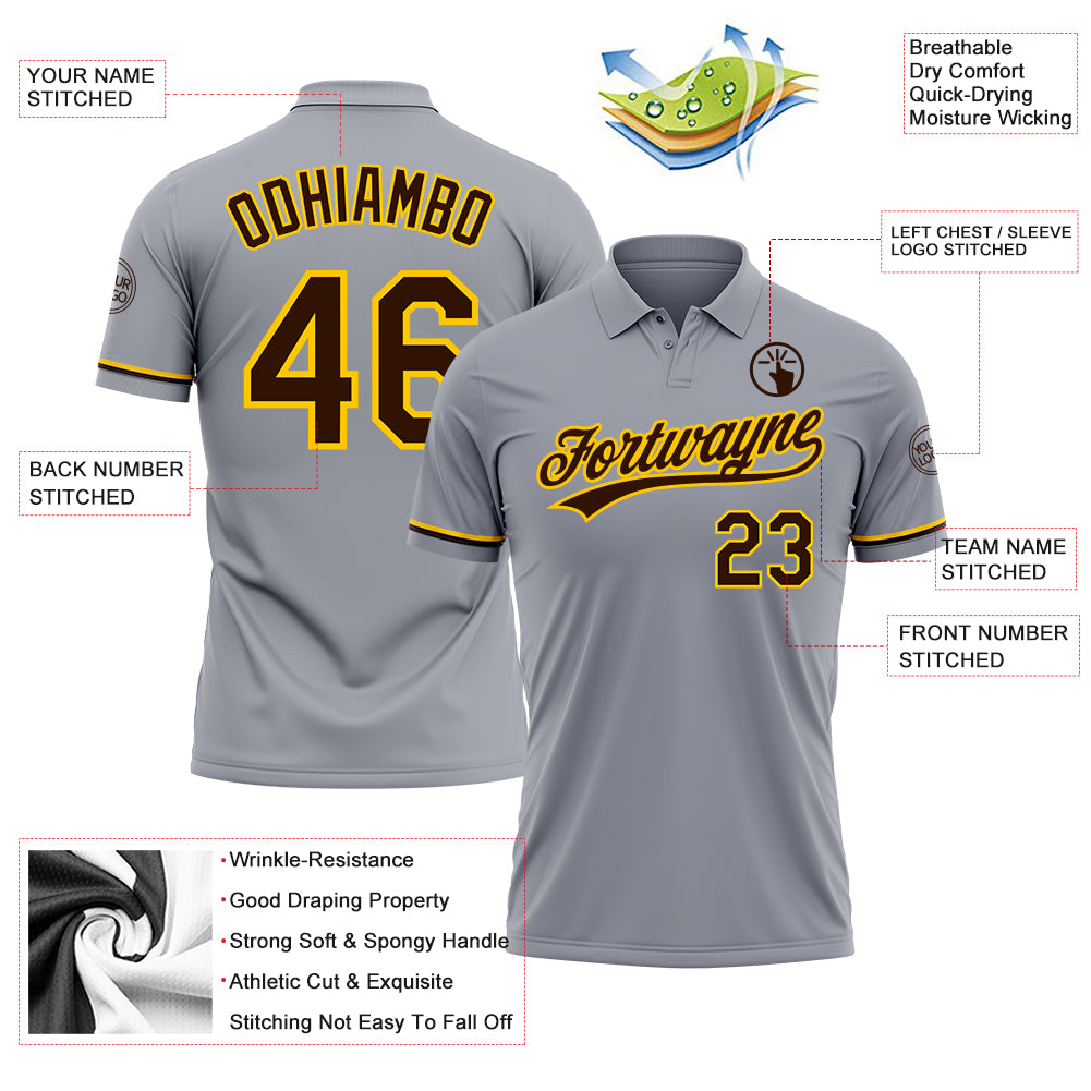 Personalized Gray Brown-Yellow Performance Vapor Golf Polo Shirt Team Custom Name and Number Custom Team Name Number Gray Brown Yellow Vapor Golf Polo Shirt - Personalized Performance Apparel Personalized Gray Brown-Yellow - Image 3