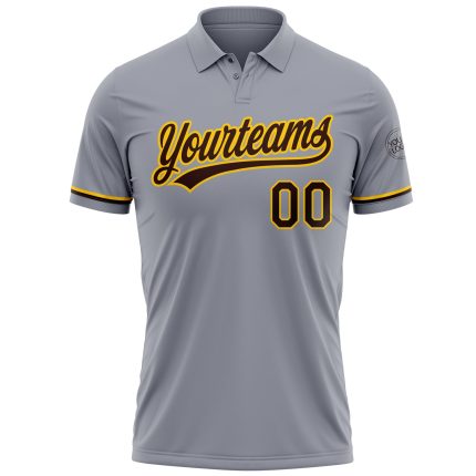 Custom Team Name Number Gray Brown Yellow Vapor Golf Polo Shirt - Personalized Performance Apparel Personalized Gray Brown-Yellow