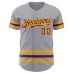 Custom Name and Number Personalized Baseball Jersey - Gray Burgundy Gold Line Authentic Team Jersey Personalized Gray Burgundy-Gold