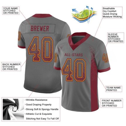 Custom Name Number Gray Burgundy Gold Mesh Football Jersey Personalized Team Apparel Personalized Gray Burgundy-Gold Mesh