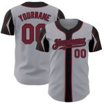 Custom Authentic Baseball Jersey - Personalized Gray Crimson-Black with Name & Number, 3 Color Arm Shapes Personalized Gray