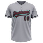 Custom Name and Number Two-Button Unisex Softball Jersey - Personalized Gray Black-Aqua Team Jersey Personalized Gray Crimson