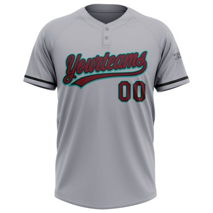 Custom Name and Number Two-Button Unisex Softball Jersey - Personalized Gray Black-Aqua Team Jersey Personalized Gray Crimson