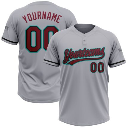 Custom Name and Number Two-Button Unisex Softball Jersey - Personalized Gray Black-Aqua Team Jersey Personalized Gray Crimson