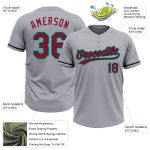 Custom Name and Number Two-Button Unisex Softball Jersey - Personalized Gray Black-Aqua Team Jersey Personalized Gray Crimson