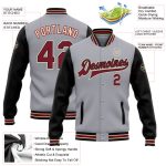 Custom Name Number Varsity Bomber Jacket Gray Crimson Black Two Tone Full-Snap Letterman Team Style Personalized Gray Crimson