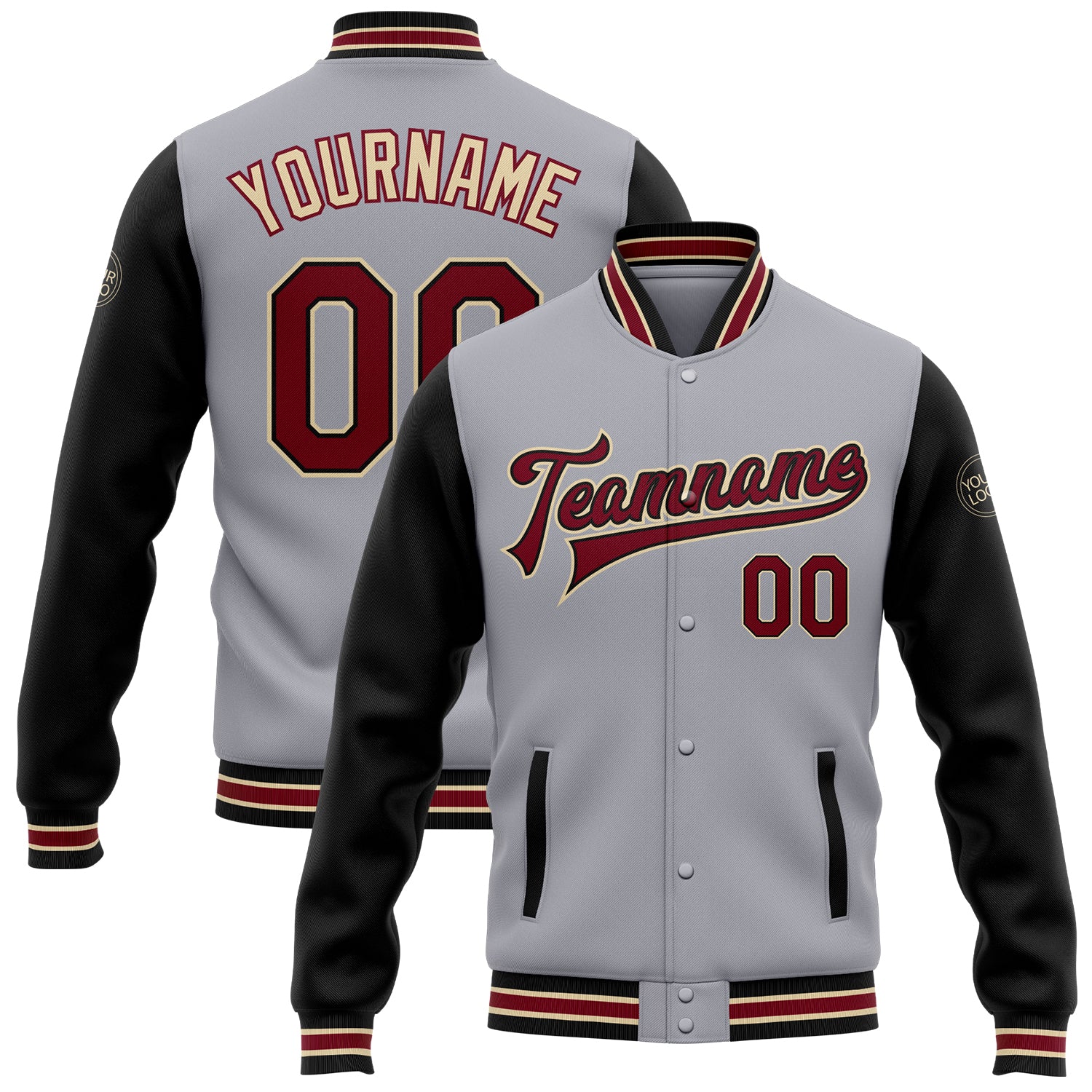 Custom Name Number Varsity Bomber Jacket Gray Crimson Black Two Tone Full-Snap Letterman Team Style Personalized Gray Crimson