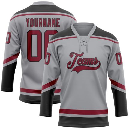 Custom Name and Number Personalized Hockey Jersey - Gray Crimson-Black Lace Neck Team Jersey Personalized Gray Crimson-Black