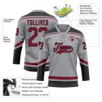 Custom Name and Number Personalized Hockey Jersey - Gray Crimson-Black Lace Neck Team Jersey Personalized Gray Crimson-Black