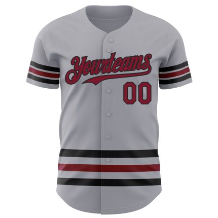 Custom Name and Number Authentic Baseball Jersey - Personalized Gray Crimson Black Line Design Personalized Gray Crimson-Black