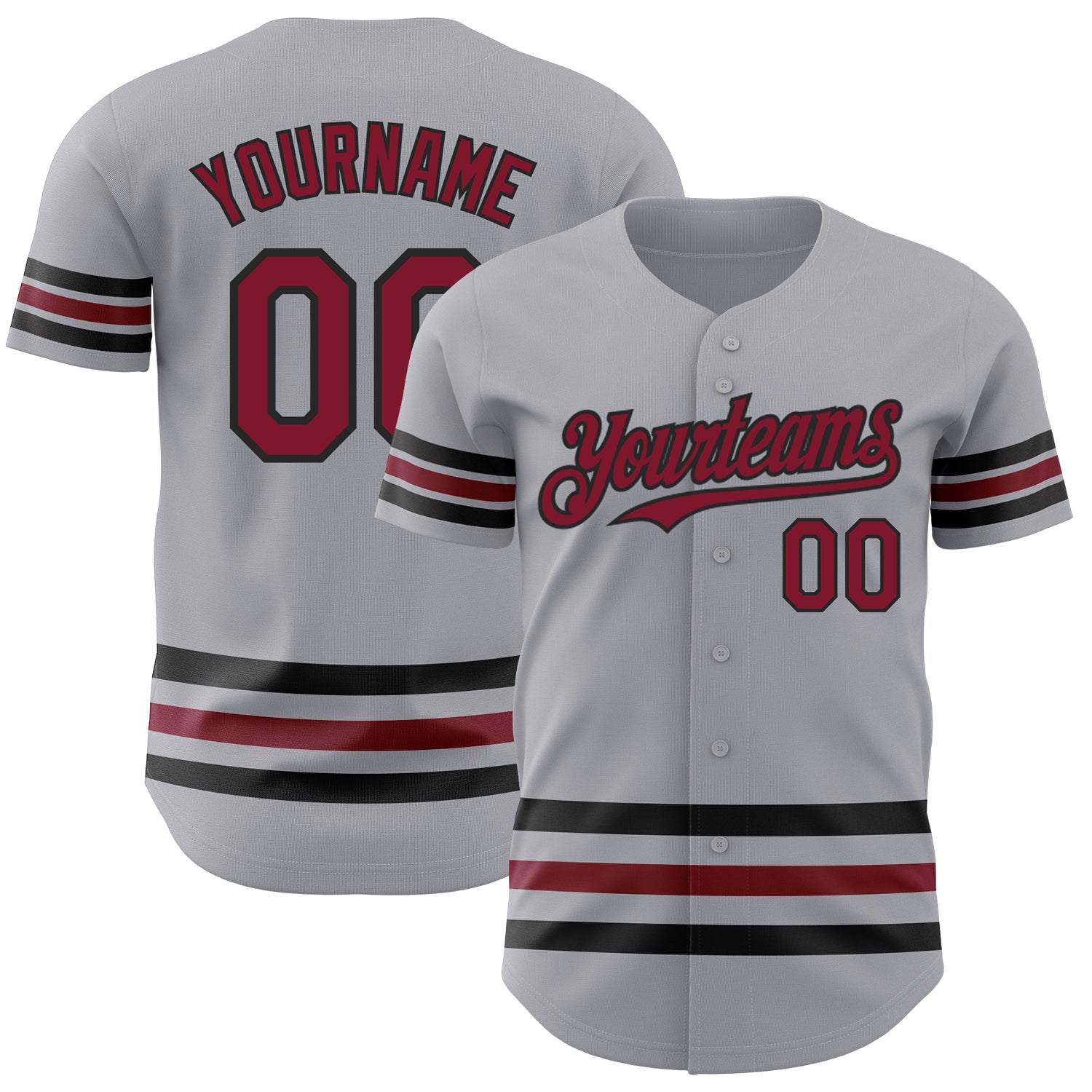 Custom Name and Number Authentic Baseball Jersey - Personalized Gray Crimson Black Line Design Personalized Gray Crimson-Black
