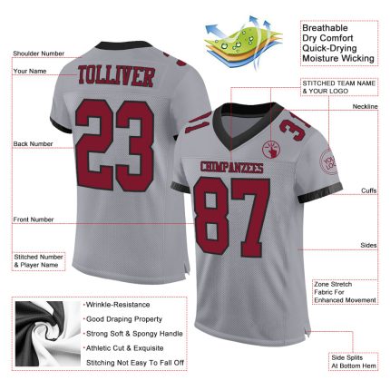 Custom Name Number Authentic Football Jersey - Personalized Gray Crimson Black Mesh Personalized Gray Crimson-Black Mesh