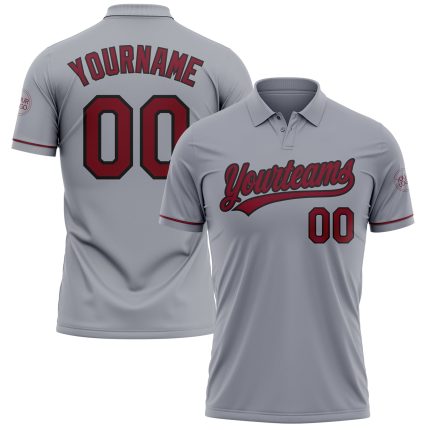 Custom Name Number Golf Polo Shirt - Personalized Gray Crimson-Black Performance Personalized Gray Crimson-Black Performance