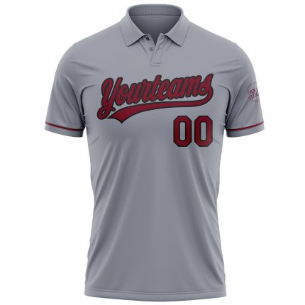 Custom Name Number Golf Polo Shirt - Personalized Gray Crimson-Black Performance Personalized Gray Crimson-Black Performance