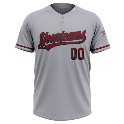 Custom Name and Number Unisex Softball Jersey - Gray Crimson-Black Two-Button Design Personalized Gray Crimson-Black Two-Button