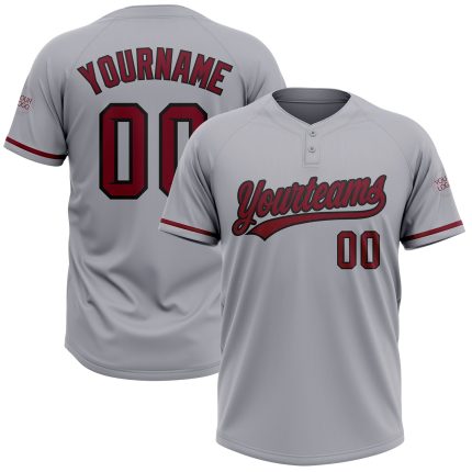 Custom Name and Number Unisex Softball Jersey - Gray Crimson-Black Two-Button Design Personalized Gray Crimson-Black Two-Button