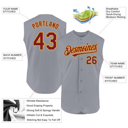 Custom Gray Crimson-Gold Baseball Jersey - Authentic Sleeveless Design Personalized Gray Crimson-Gold Authentic Sleeveless