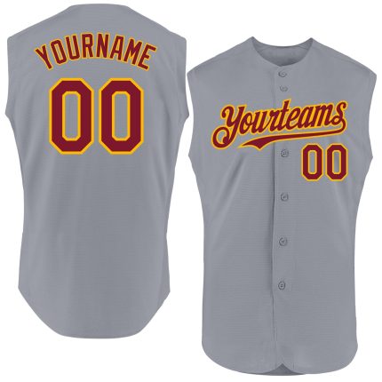 Custom Gray Crimson-Gold Baseball Jersey - Authentic Sleeveless Design Personalized Gray Crimson-Gold Authentic Sleeveless