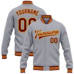Custom Team Bomber Varsity Letterman Jacket with Personalized Name & Number - Gray Crimson-Gold Full-Snap Personalized Gray