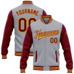 Custom Team Name and Number Gray Crimson-Gold Bomber Varsity Letterman Two Tone Jacket Full-Snap Personalized Gray Crimson-Gold
