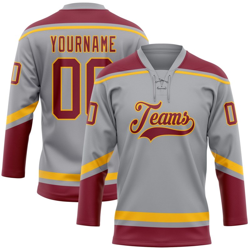 Custom Gray Crimson-Gold Hockey Jersey with Personalized Name and Number - Lace Neck Team Apparel Personalized Gray Crimson-Gold