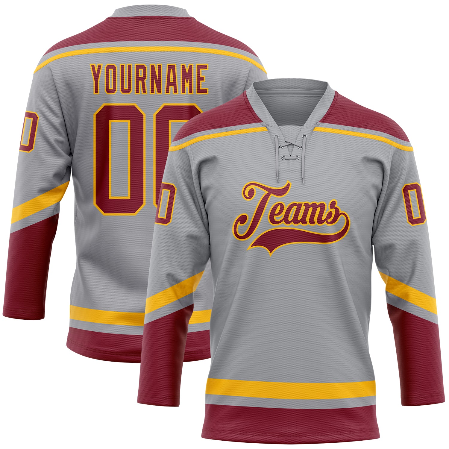 Custom Gray Crimson-Gold Hockey Jersey with Personalized Name and Number - Lace Neck Team Apparel Personalized Gray Crimson-Gold