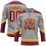 Custom Gray Crimson-Gold Hockey Jersey with Personalized Name and Number - Lace Neck Team Apparel Personalized Gray Crimson-Gold