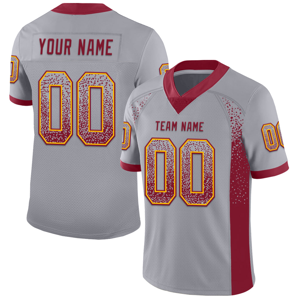 Custom Personalized Football Jersey - Gray Crimson-Gold Mesh with Name and Number Personalized Gray Crimson-Gold Mesh Drift